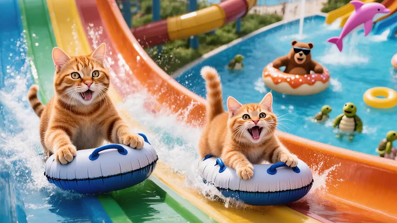 Mama Cat and Ginger Kitten Harvest Grapes to Make Kitten’s Waterpark Dream Come True 🍇💦🐾